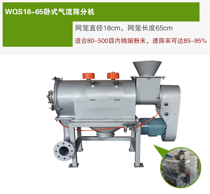 WQS18-65臥式氣流篩分機(jī)網(wǎng)籠直徑為18cm，網(wǎng)籠長(zhǎng)度為65cm